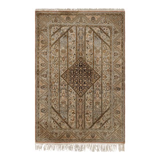 Antique Qum Beige Brown Silk Persian Rug For Sale