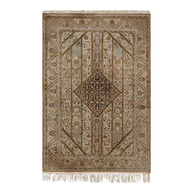 Antique Qum Beige Brown Silk Persian Rug For Sale