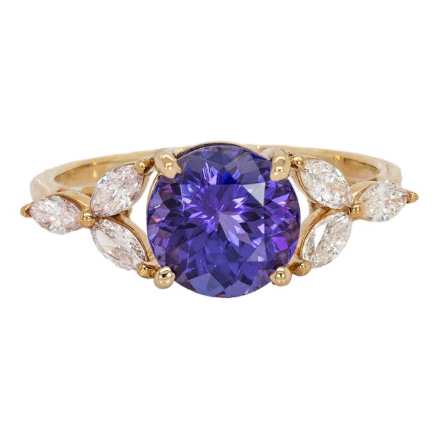 2cts Tanzanite and Natural Diamonds in Solid 14k Yellow Gold | Rd 8mm, Size 6.75 For Sale