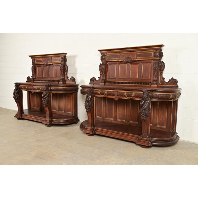 Victorian R. J. Horner Renaissance Revival Ornate Carved Oak Sideboards or Bar Cabinets, Circa 1880s For Sale - Image 3 of 14