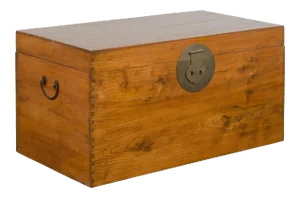 Large Vintage Chinese Wooden Blanket Chest with Brass Medallion Lock