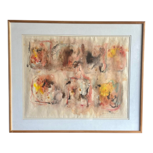 Vintage Mid-Century Modern Geometric Abstract Watercolor Painting Signed