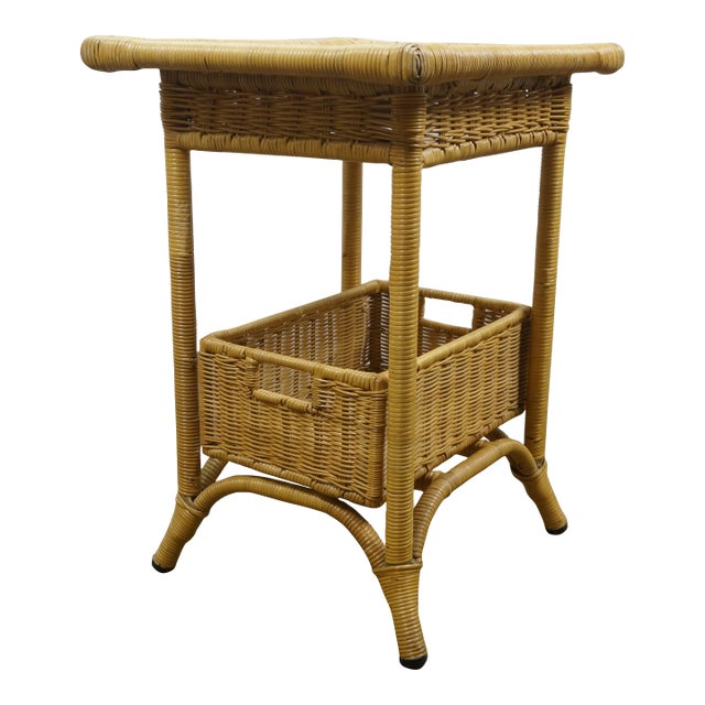 Vintage Wicker Tiered Side Accent End Table With Basket Insert For Sale