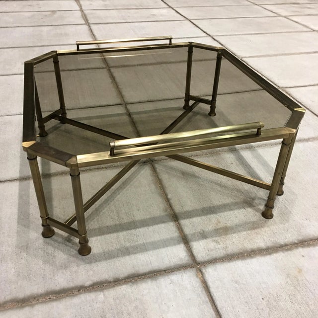 Vintage aged brass and smoked glass octagonal coffee table in Maison Jansen, hints of neoclassical French elements in tray...