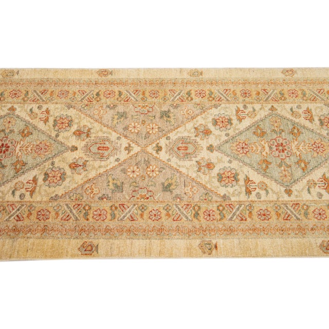 Early 21st Century Contemporary Indian Handmade Beige Floral Wool Runner For Sale In New York - Image 6 of 7