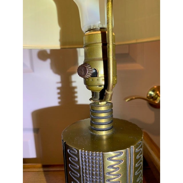 Brutalist Vintage Brass Brutalist Style Pair Lamps Set of 2 Original Shades For Sale - Image 3 of 18