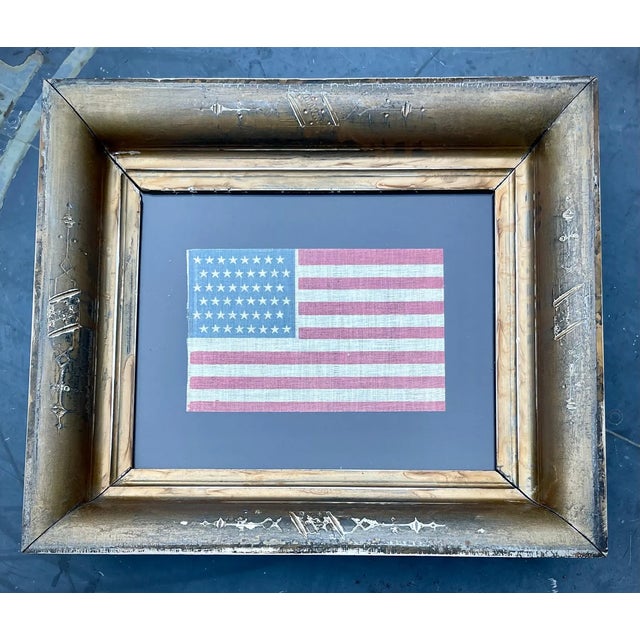 Rare and Fine Antique American Flag 1912 Staggered 48 Star Glazed Cotton in Antique Gilt Frame For Sale - Image 10 of 10