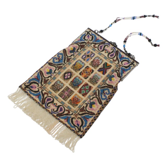 Antique Micro Rug / Tapestry Pattern Beaded Bag With an Enameled Marcasite Frame For Sale