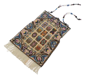 Antique Micro Rug / Tapestry Pattern Beaded Bag With an Enameled Marcasite Frame