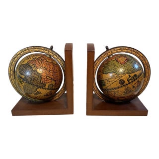 Vintage Olde World Wooden Spinning Globe Bookends Made in Italy -Pair For Sale