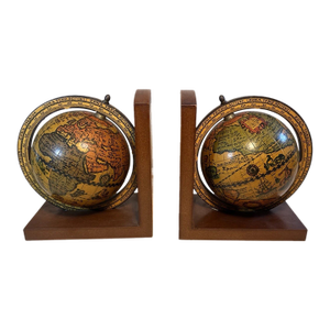 Vintage Olde World Wooden Spinning Globe Bookends Made in Italy -Pair