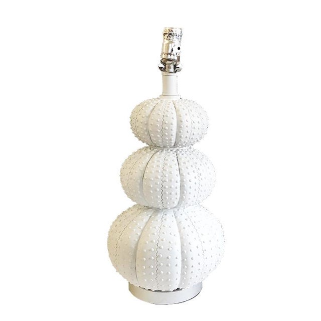 Contemporary Mid-Century Modern White Ceramic Stacked Faux Sea Urchin Table Lamp For Sale - Image 3 of 3