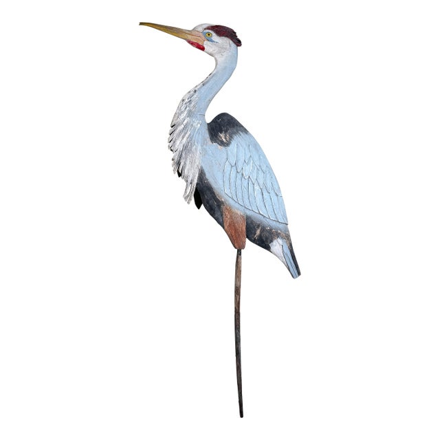 Monumental Folk Art Hand Carved & Painted Wood Blue Heron Garden Sculpture For Sale