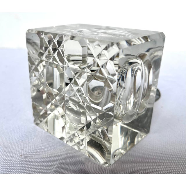 Transparent Vintage Cut Crystal Inkwell W/Brass Lid and Red Gemstone For Sale - Image 8 of 12