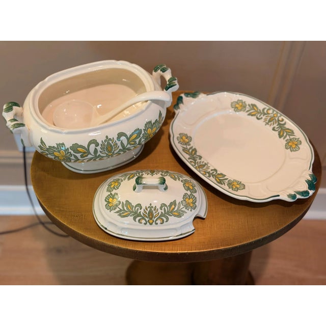 Vintage Green & Yellow Floral Faience Soup Tureen With Underplate and Ladle For Sale - Image 4 of 5