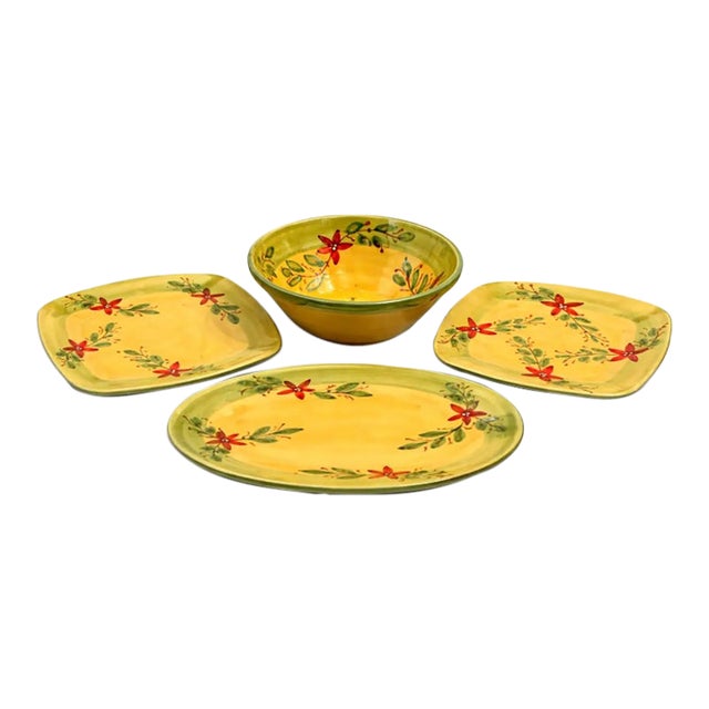 Hand-Painted Southwestern Floral Ceramic Entertaining Serving Set – (Platter, Bowl & Two Plates) 4 Pieces For Sale
