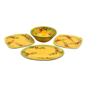 Hand-Painted Southwestern Floral Ceramic Entertaining Serving Set – (Platter, Bowl & Two Plates) 4 Pieces