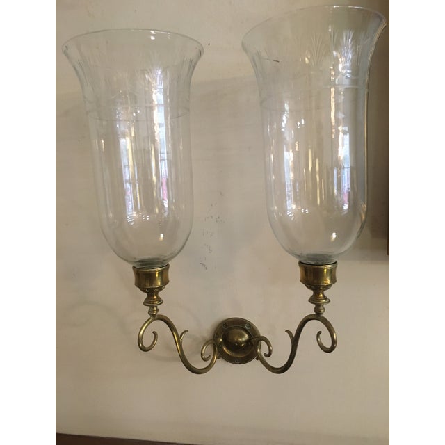 1920s George III Style Pair of Crafted Brass Wall Sconces With Glass Hurricanes - a Pair For Sale In Savannah - Image 6 of 10