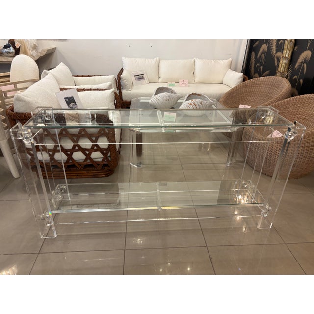 Glass Vintage Modern Peg Lucite Console Table Two Tier New Glass Tops For Sale - Image 7 of 12