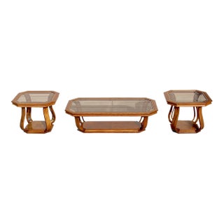 Vintage 1980s Oak Smoky Glass Top Coffee Table & 2 Matching Side Tables W/ Brass Trim Art Deco Style For Sale