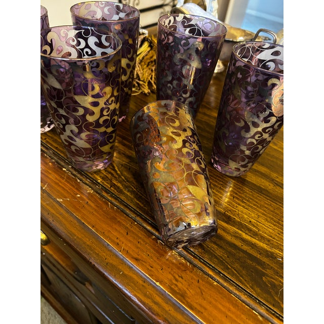 Traditional 1990s Amethyst With Gold Scrollwork Glasses For Sale - Image 3 of 4