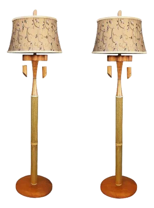 1950s Restored Koa Wood & Rattan Sculptural Floor Lamp With Ricemat Wrap, Pair