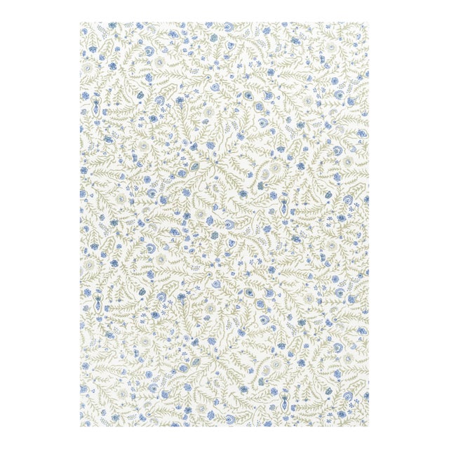 3/4 Yard Bennison Cinnabar Fabric Remnant in Blue / Green For Sale