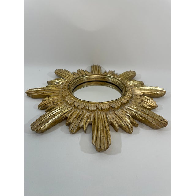 Vintage 16" Gilded Sunburst Wall Mirror With Light Cream Wash For Sale - Image 6 of 15