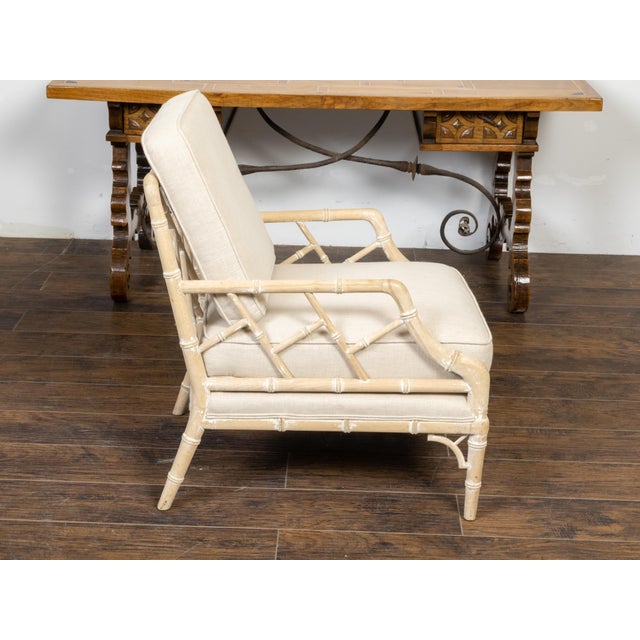 English Midcentury Bleached Faux Bamboo Lounge Chair with Upholstery For Sale In Atlanta - Image 6 of 11