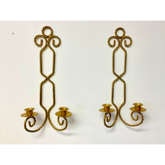 1970s Vintage French Hollywood Regency Twisted Rope Candle Holder Sconces, 2 Arm - A Pair For Sale - Image 4 of 12