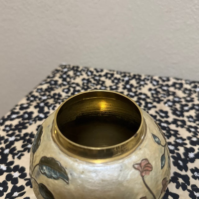 Vintage Hand-Painted Cloisonné Brass Ginger Jar With Floral Enamel For Sale In Minneapolis - Image 6 of 7