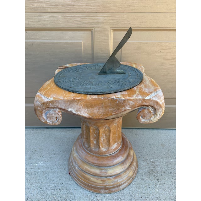 Wood Late 20th Century Iron Verdigris Sundial on Neoclassical Carved Wooden Columnar Pedestal Stand For Sale - Image 7 of 12