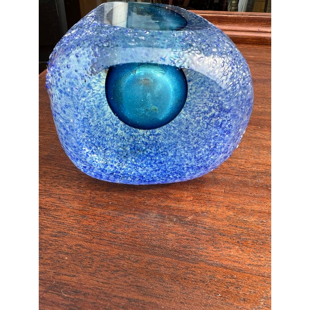 Murano Sommerso Style Cobalt and Azure Blue Textured Glass Vase in a Heavy Thick Glass .