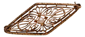 The Twin Pond Lane: Krementz Signed Yellow Gold Filigree Brooch with Seed Pearl