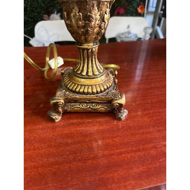 Mid-Century Modern Vintage Gold Double Sided Table Lamp With Gold Leaf Details For Sale - Image 3 of 8