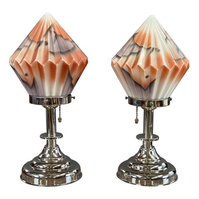 Art Deco Table Lamps with Pressed Orange Glass Shade, 1930s, Set of 2 For Sale
