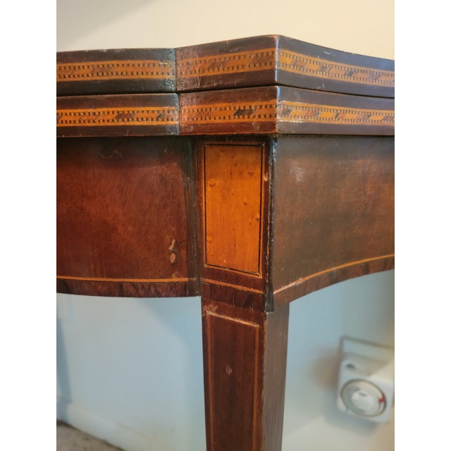 C. 1900 Valiant Furniture Inlaid Mahogany and Satinwood Flip-Top Hepplewhite Gaming Table For Sale - Image 13 of 14