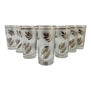 Vintage Sterling Silver Overlay Leaf Foliage Tall Highball Tumbler Drinking Glasses - Set of 8 For Sale