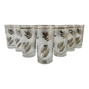 Vintage Sterling Silver Overlay Leaf Foliage Tall Highball Tumbler Drinking Glasses - Set of 8