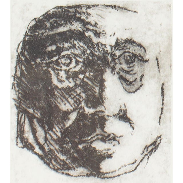 A 1965 etching by American artist James L. Bruch (1942-2023). Titled "Who Me?," this etching depicts a round face with one...