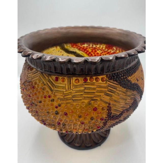 Vintage Jeweled Mosaic Pedestal Bowl and 3 Candleholders Gold Amber For Sale - Image 9 of 13