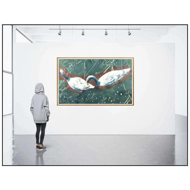 The artwork here, "Swan Mates", is a wonderful depiction of the two graceful birds swimming in a pond, that is saturated...