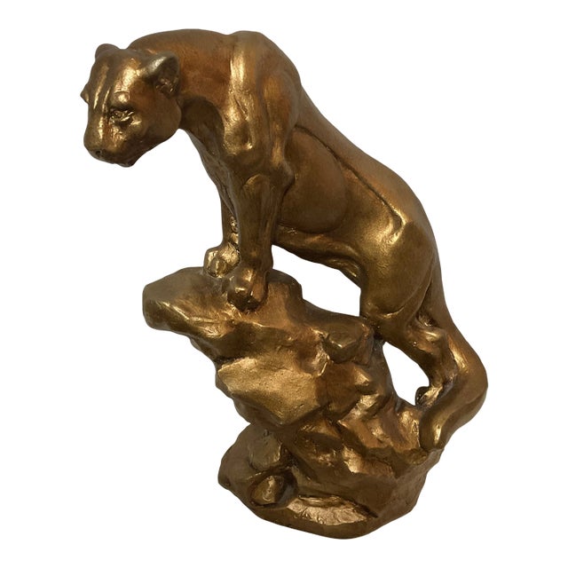 Mid 20th Century Art Deco Ceramic Sculptured Gold Painted Cougar MCM For Sale