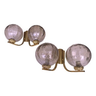 Brass & Glass Double Wall Lights, 1970s, Set of 2 For Sale
