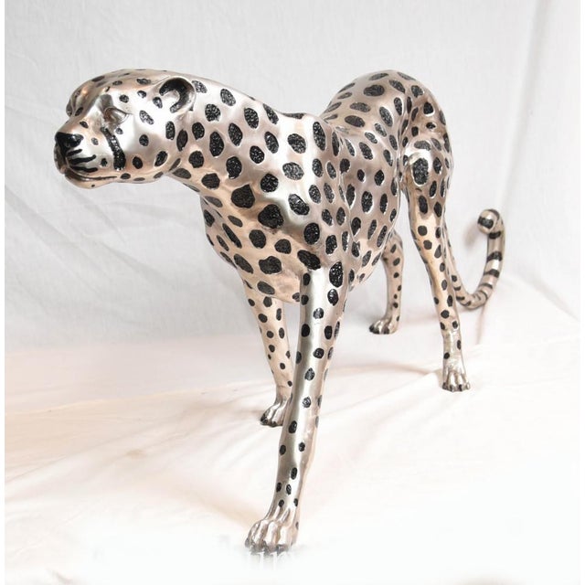 Art Deco Silver Plate and Bronze Cheetah Cat in Statue, 1980s For Sale - Image 10 of 16
