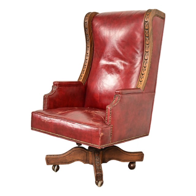 Romweber Viking Oak and Leather High Back Executive Swivel Desk Chair, Circa 1960s For Sale