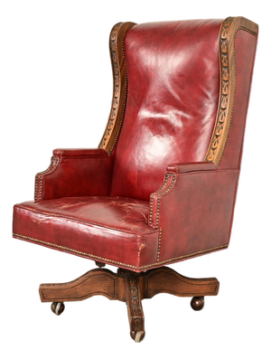 Romweber Viking Oak and Leather High Back Executive Swivel Desk Chair, Circa 1960s