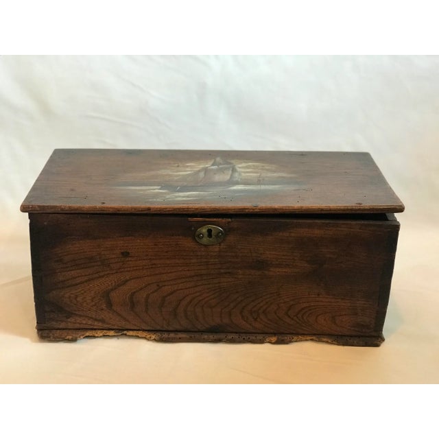 Gorgeous 19th century box with beautiful dovetails and very well done hand painted nautical ship painting on the lid. All...