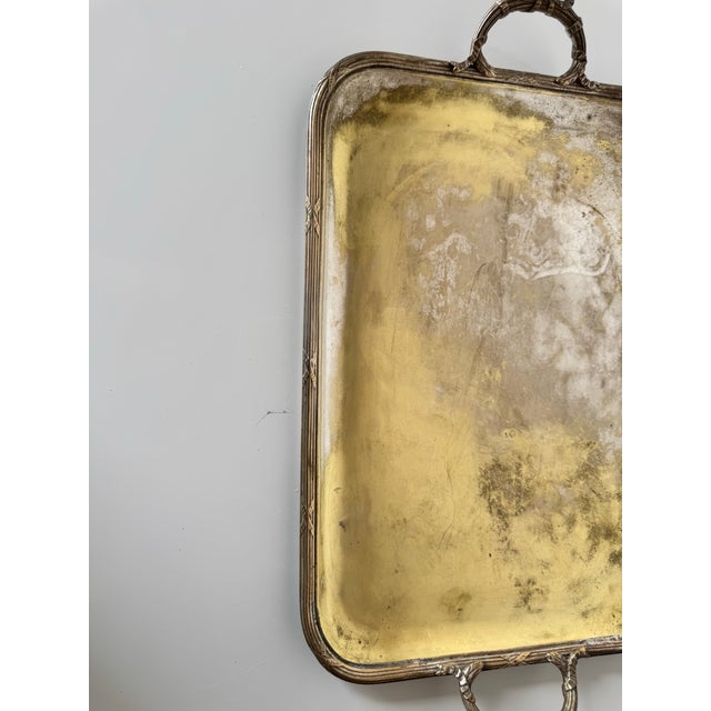 Hollywood Regency 1970's Vintage Silver-Plated Serving Tray With Ornate Handles For Sale - Image 3 of 9