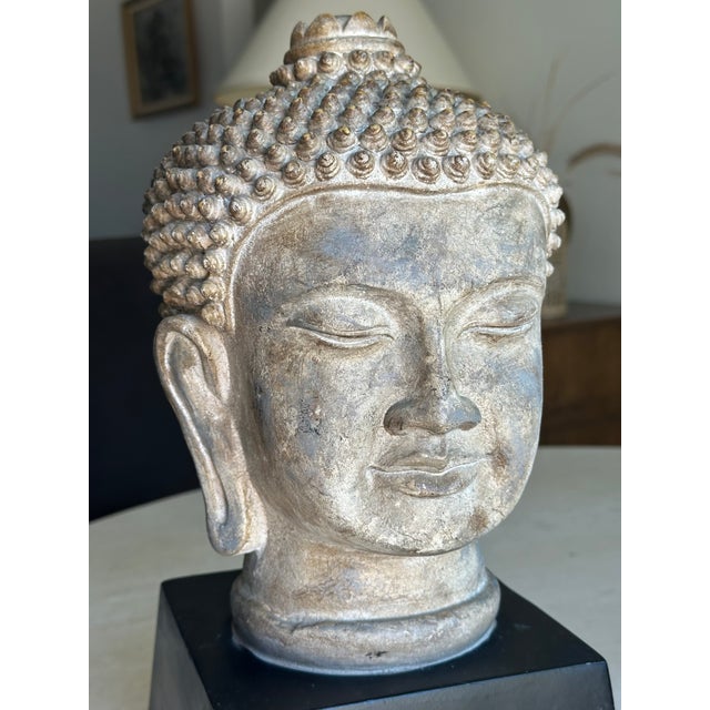 Antiqued Buddha Head Sculpture on Black Pedestal - Modern Zen Decor For Sale - Image 4 of 8